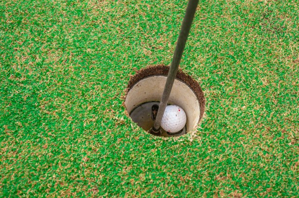 Golf ball in the hole on a green golf course