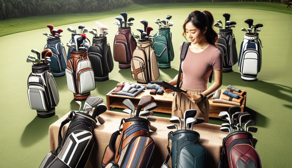 A wide selection of golf bags with clubs, displayed on a green field with a person examining golf equipment